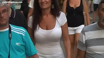 Busty candid lady with tight top & bouncing boobs, w slowmotion