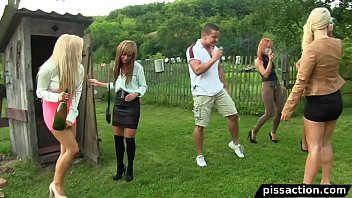 Guy has outdoor piss orgy with 5 euro babes Part 1