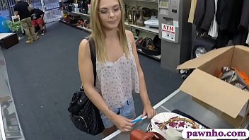 Tight amateur blonde babe gives a nice sloppy blowjob and gets her trimmed pussy nailed real good by hard man meat at the pawnshop