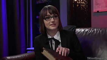 Priest spanks ass to shemale student Claire Tenebrarum while she is bent over couch then wanks her dick and anal fucks her in bondage