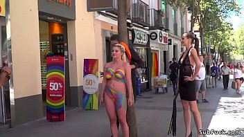 Body painted huge tits blonde slave Sienna Day d. blindfolded in public streets then in crowded bar fucked by huge dick Steve Holmes