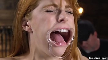 Hot natural busty brunette sub Penny Pax locked in custom metal device bondage gets gagged and then hard whipped till in metal stocks pussy pussy whipped