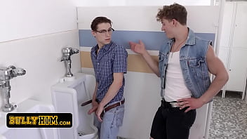Horny Class Bully Loves Dominating The Helpless Nerd In The Bathroom While He Moans In Pleasure