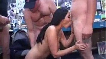 Sexy Brunette Pornstar visits a Sex Shop and Fucks Random Group of Dudes