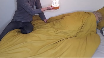 Stepbrother with cake for stepsister's happy birthday caught her masurbating in bed and fucked her.