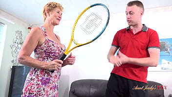 57yo Posh Big Tit British Cougar's naughty tennis lesson ends with a facial