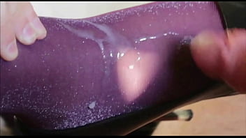 Nylon cumshot on lurex purple pantyhose feet