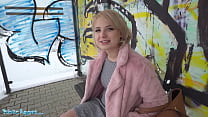 Public Agent amateur teen with short hair chatted up at busstop before taking money to suck a big cock in a basement and getting her tight shaved pussy penetrated by huge dick and sucking cum into her pretty mouth