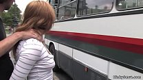 Gagged brunette Euro slave dragged in public bus and fucked