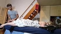 Horny stepson cumming on his Mothers feet secretly in front "hidden" cam (She know everything)