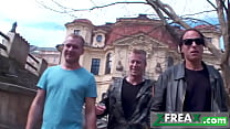 Ukrainian girl Lina Arian gets warmed up in a park and taken home by 3 guys for a gang bang